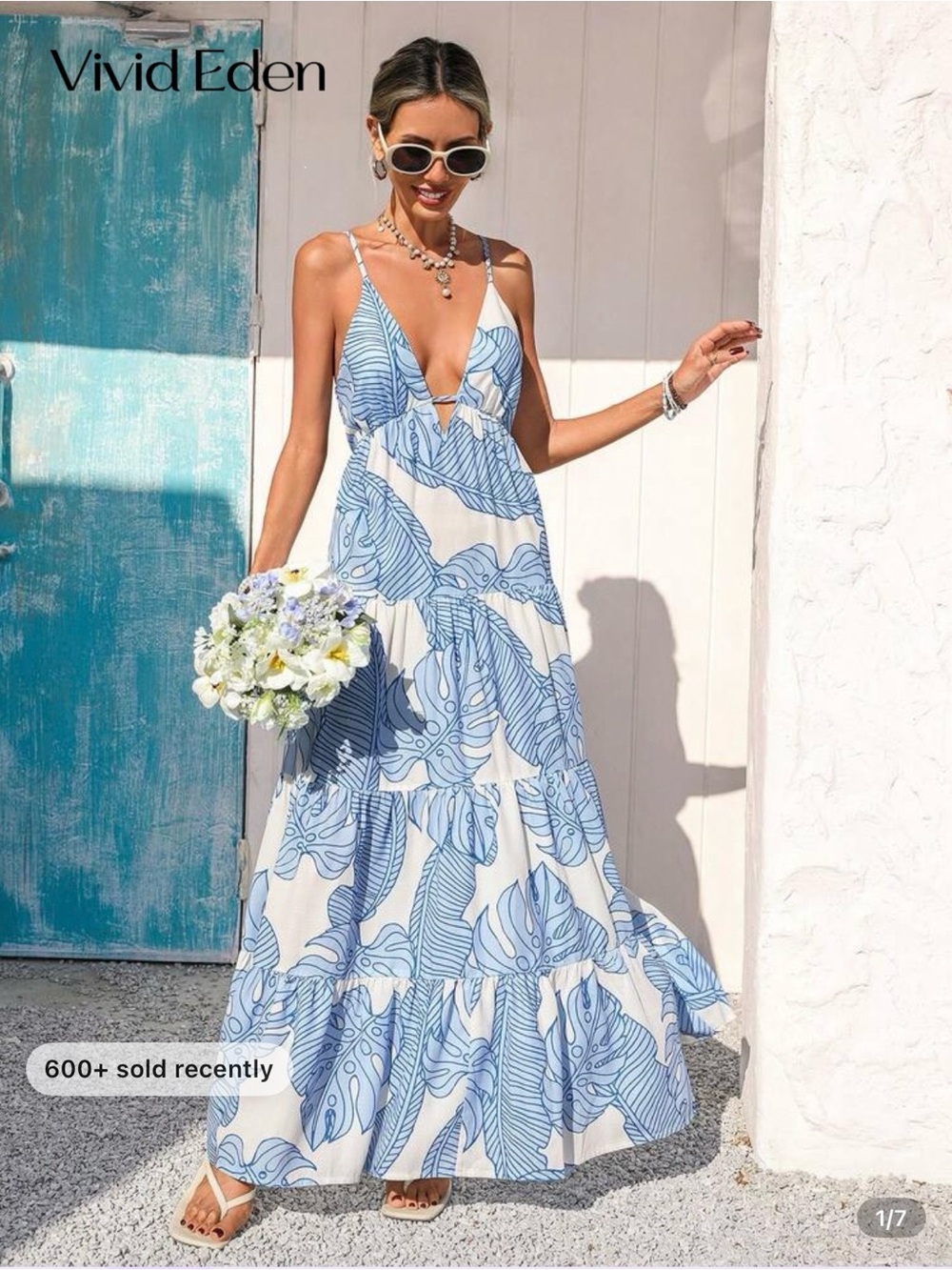 SHEIN Blue and White Leaf-Print Maxi Dress